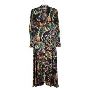 Momoni Silk Maxi Shirt Dress Butterfly Floral Print Collar V Neck Long Sleeve 4